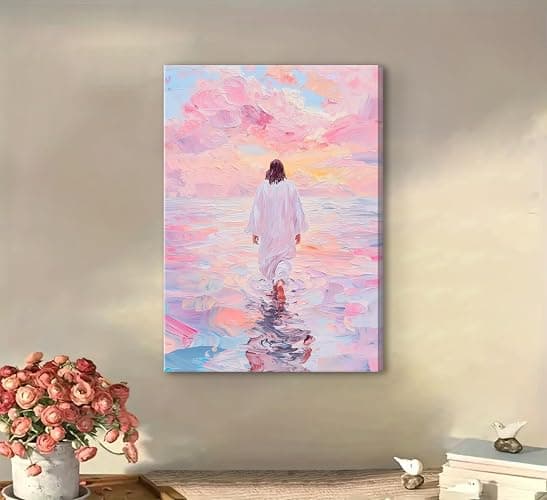 Jesus Canvas Wall Art Pink Jesus Walks on Water Canvas Paintings Prints Religious Savior Wall Decor Christian Bible Stories Poster printing Artwork for Living Room Bedroom Church Decoration 12x16in thumbnail 3
