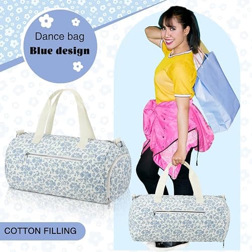 Dansydaisy Blue Floral Quilted Duffle Bag for Women Cotton Large Floral Travel Duffle Dance Bag with Adjustable Carry Strap and Handy Pouch Backpack for Dancers Travel thumbnail 5