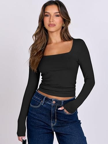ANRABESS Women Double Lined Long Sleeve Crop Tops Shirts Square Neck Tight Fitted Going Out T-Shirt Basic Tee Outfits 2025 thumbnail 3