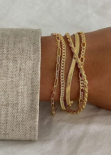 Dearmay Gold Bracelets for Women Waterproof, 14K Gold Plated Minimalist Bracelets Stack Non Tarnish Trendy Dainty Herringbone Vintage Cuban Paperclip Rope Thin Box Link Chain Stackable Jewelry Sets Modern Fashion Accessories Gifts for Womens thumbnail 5