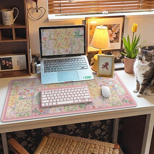 iCasso Desk Mat,Mouse Pad for Office Desk,35.4x15.7in,Pink Flowers | Desk Pad Home Office Decor Supplies, Desk Accessories for Women, Non-Slip Mousepad with Stitched Edge, Smooth Water-Resistant thumbnail 6