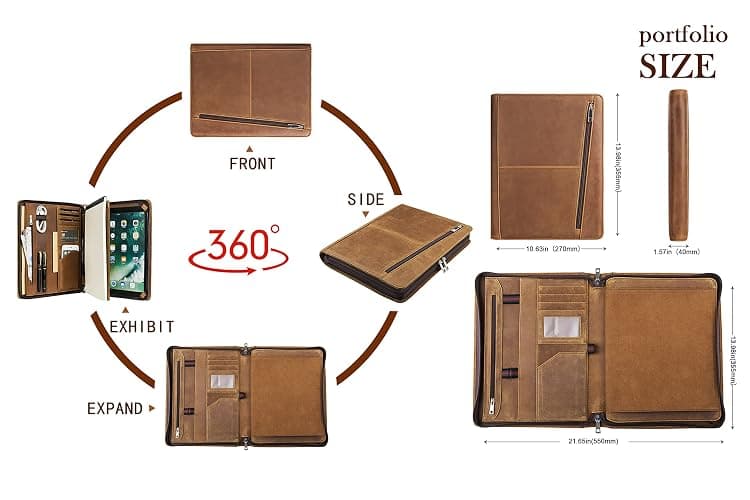 AZXCG Leather Portfolio Organizer for Men, Professional Padfolio Folio with A4/Legal Pad Holder, Business Resume Zippered Portfolio, Tablet Case for iPad Pro 12.9", Gift for Women/Men, Brown thumbnail 3