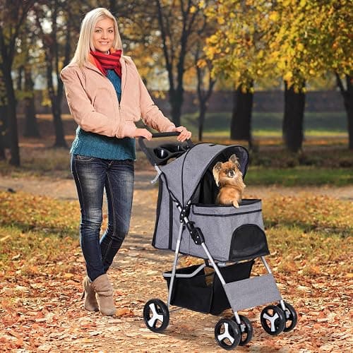 ZENY Foldable Pet Stroller, Cat/Dog Stroller with 4 Wheel, Pet Travel Carrier Strolling Cart with Storage Basket, Cup Holder (Grey) thumbnail 8