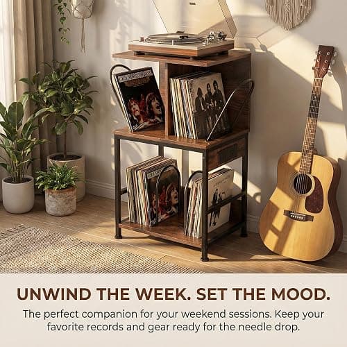 ZEXVIDA Record Player Stand with Vinyl Storage, Large Record Table Holds 180 Albums, Vinyl Record Storage Stand with USB Charger, Multi-Functional Side Table & Shelf for Living Room Bedroom thumbnail 9