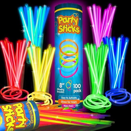 PartySticks Glow Sticks Party Supplies 100pk - 8 Inch Glow in the Dark Light Up Sticks Party Favors, Glow Party Decorations, Neon Party Glow Necklaces and Glow Bracelets with Connectors - Image 1