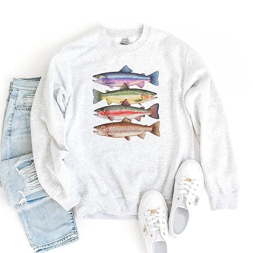 Abstract Colorful Trout In A Row Sweater - Vintage River Fish Trout Species Outfit - Fly Fishing Gift For Men & Women - Boho Unisex Graphic Crewneck Sweatshirt thumbnail 6