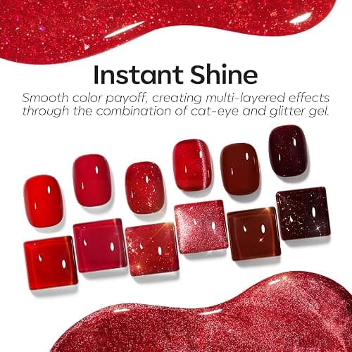 Modelones Gel Nail Polish 6 Colors Red Gel Polish Burgundy Glitter Cat Eye Color Changing Gel with Magnet Soak Off Nail Art DIY Manicure Salon Home Gifts for Women Girls thumbnail 2