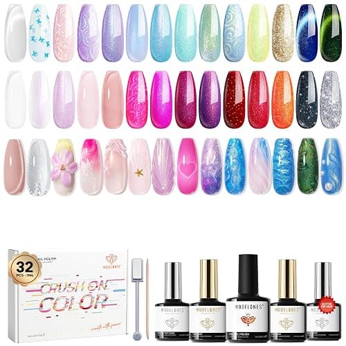 modelones 32 PCS Summer Gel Nail Polish Set, 28 Colors Glitter Cat Eye Jelly Pearl Chameleon Gel Polish with Magnet, No Wipe Base Coat, Glitter & Glossy & Matte Top Coat Soak Off Nail Art Kit - Image 1