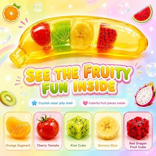 Clear Banana Squishy Toy with Colorful Fruit, Squeeze Stress Relief Toy | Slow Rising Banana Fidget Toys, Soft Anxiety Relief Sensory Toys, Realistic Fruit Shape Squeeze Toys, Birthday Party Favors thumbnail 3