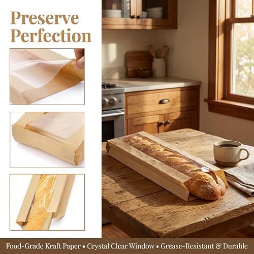 YIMITEE 150 Pack Paper Bread Bag with Window, 18"x7"x2" Long French Bread Bag, Brown Kraft Baguette Bags, Loaf Storage Packing Sacks Biscuits Packaging for Homemade, Bakery, Coffee Bar thumbnail 4