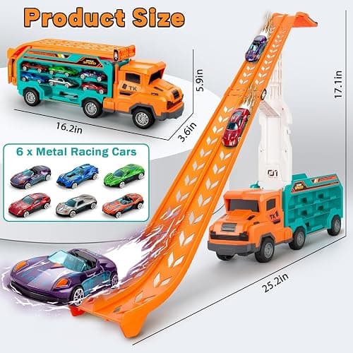 BainGesk Carrier Truck Toys for 2 3 4 5 6 Years Old Boys, 2.8 Ft Race Track Transport Cars with 6 Die-Cast Metal Toy Cars, Birthday Gifts Kids Age 3-5, Racing Toys Gifts for Toddlers thumbnail 3