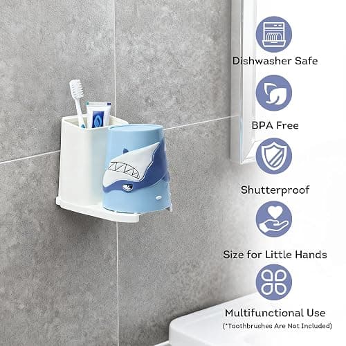 Lily's Home Kids Toothbrush Holder - 3D Shark Tumbler & Organizer Set - Fun Bathroom Storage Decor - Blue/White Design - Kids Bathroom Accessories - Space-Saving Holder for Toothbrush/Toothpaste thumbnail 4