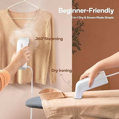 Newbealer 2in1 Steamer and Dry Iron for Beginners, Horizontal & Vertical Clothes Steamer, Non-Stick Ceramic Soleplate, 170ml Garment Wrinkle Remover, Auto-off, 1.2lbs (120V Only) thumbnail 3