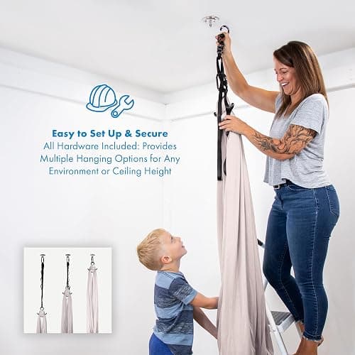 Harkla Sensory Swing for Kids & Adults - Holds 300lbs, Indoor Outdoor Sensory Swing for Hug Like Calming Effect - Double Layered Soft Fabric and Heavy Duty Hardware (Grey, 110" Swing) thumbnail 4