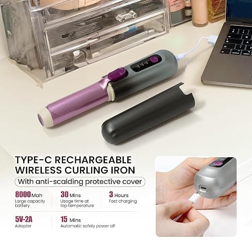 Cordless Curling Iron, Smofrees 8000mAh USB Rechargeable Travel Curling Wand with Protective Cover, 32MM Portable Curling Iron with 100 Million Negative Ion, 3 Temperature Settings, Gradient Gray thumbnail 3