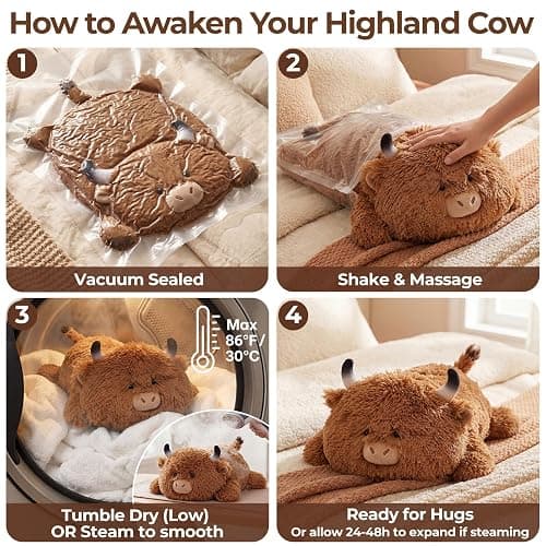 Mewaii Süßes Hochlandrind Kuh Kuscheltier Plüschkissen für Kinder,Weiche 33 cm Kuscheltiere,Kawaii Plüschtier Kuh,Entspannungs und Dekorationskissen für Mädchen thumbnail 9