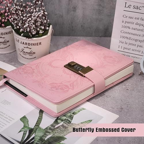 TIEFOSSI Diary with Lock for Women Girls, Lined Locked Journal, Butterfly Journal Notebook with Pen and Bookmark, A5 Refillable Locking Journals for Writing, 224 Numbered Pages thumbnail 2