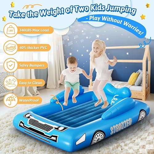 Inflatable Toddler Travel Bed with Tent – Foldable Portable Toddler Bed Cot - Blow Up Kids Air Mattress with Safety Bumper, Pump Carry Bag – Indoor Outdoor Nap Bed for Home, Camping, Hotel (Blue Car) thumbnail 5