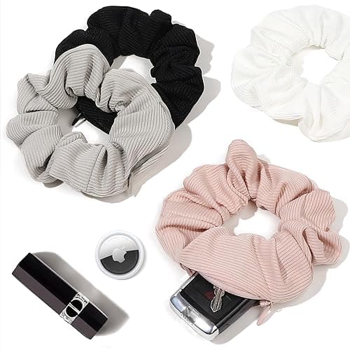 Pocket Scrunchies Hair Ties with Hidden Zipper Stash Scrunchy Ponytail Holder Secret Compartment Items - 1 Count (Pack of 4) - Basic Color