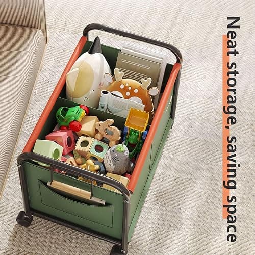 Children's toy Organizer With Wheels for Bedrooms, toy Rooms, Playrooms can hold toys, Books, Clothes, Snacks with 360° Steering Wheels Metal and Oxford Cloth toy Boxes（Green Medium size） thumbnail 3