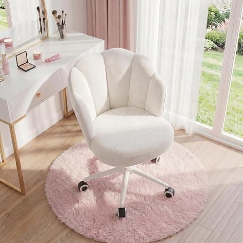 Homkdom Desk Chair with Wheels & Petal Back | Height Adjustable, 360 Swivel, Armless Design, Stylish and Comfortable for Home Office, Study Room - White thumbnail 12