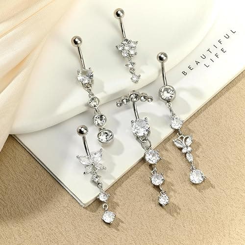 LAURITAMI 14G Dangle Belly Button Rings Set Navel Piercing Jewelry - Smooth Edges for Summer Outfits, 1.6mm Silver Tone CZ Butterfly Heart Flower Rings 5 Pcs thumbnail 8