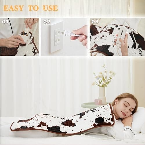 Cow Print Electric Heating Pad – 17 x 33 inch, 3 Heat Settings & 2-Hour Auto Shutoff, Fast Heating, Soft and Cozy for Neck, Shoulder & Back Relief (17"x 33") thumbnail 6