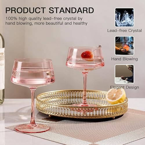 JOVGANK Pink Coupe Glasses Set of 6, Hand Blown Pink Martini Glasses 13Oz, Champagne & Cocktail Luxury Glasses, Bar Manhattan and New Year Martini Glass, Christmas gifts for Ice Cream Dessert thumbnail 3