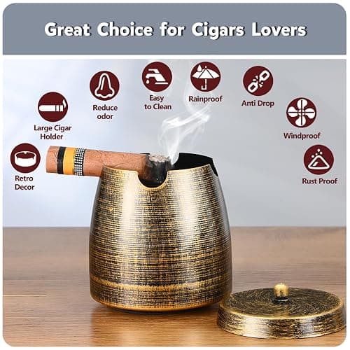 Cigar Ashtray with Lid for Outdoors Outside Patio Home Retro Decor,Large Holder Ashtray,Cigar Accessories Gifts for Men Dad Husband Boyfriend (Large) thumbnail 7