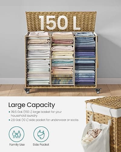 SONGMICS Laundry Hamper with Lid, 42.3 Gallons (160 L), Rolling Laundry Basket with Wheels, 3-Section Synthetic Rattan, Removable Liner, Bedroom, 29.9 x 13 x 26 Inches, Natural ULCB365N01 thumbnail 7