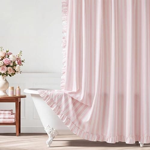 *BOUGHT* Pink Striped Shower Curtain with Ruffle Edge Cotton-Textured Shower Curtain 72x72 Inches Vintage Country Style Fabric Bath Decoration for Farmhouse Bathroom - Image 1