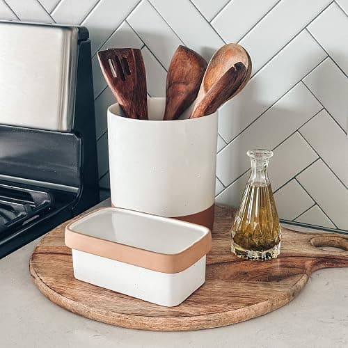 Mora Ceramic Two-in-One Butter Dish with Lid, Covered Butter Crock Container to Leave on Countertop - Large Storage Keeper/Holder for Kitchen, Gifts for Her, Butter Tray For Counter - Vanilla White thumbnail 6