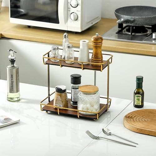 Dobbyby Bathroom Organizer Countertop Perfume Organizer Makeup Organizer Cosmetics Storage Display Rack Vanity Tray Dresser Stainless Steel Gold Shelf Wooden Tray thumbnail 7