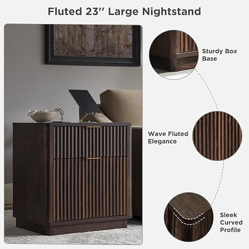 T4TREAM 23'' Fluted Nightstand Set of 2 with Charging Station, Large 2 Drawer Bedside Table, Modern End Table with Storage, Mid Century Night Stand for Bedroom Living Room, Curved Profile, Dark Walnut thumbnail 6