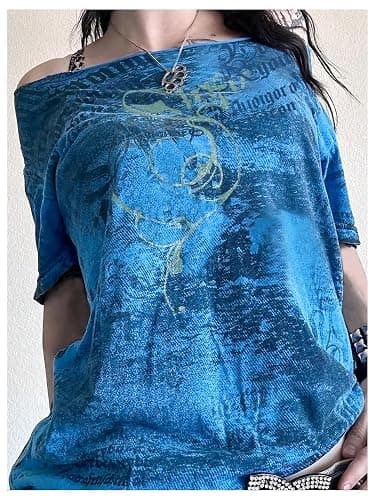 RoseSeek Women's Off The Shoulder Tops Graphic Goth Tee Y2k Vintage Asymmetrical Neck Oversized T Shirts thumbnail 5