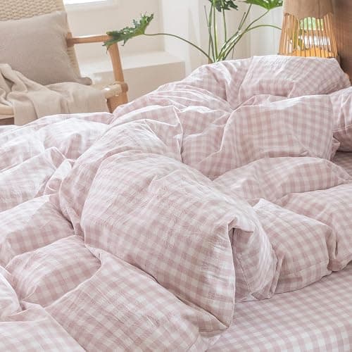 MooMee Gingham Duvet Cover Set 100% Washed Cotton Linen Like Textured Breathable Durable Soft Comfy Modern Checkered Design (Classic Gingham Greyish Pink, Queen 90"x90") thumbnail 9