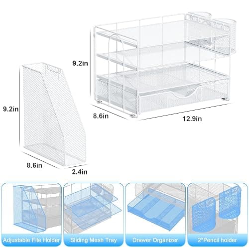 gianotter Desk Organizers and Accessories with File Holder, 4-Tier Desk Accessories & Workspace Organizers with Drawer and 2 Pen Holder, Paper Organizer for Office Supplies (White) thumbnail 3