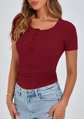 PRETTYGARDEN Women's 2025 Spring Summer Short Sleeve Tops Ribbed Henley Button Slim Fit Basic Casual T Shirts Blouse Clothing - Wine Red - Large thumbnail 6