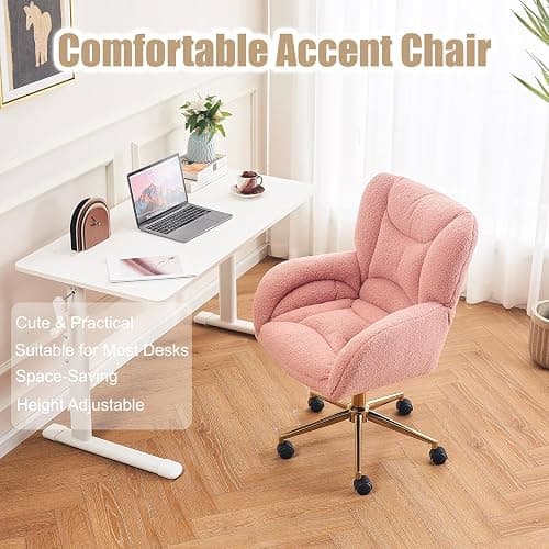 Anewome Swivel Office Desk Chair with Wheels Upholstered Sherpa Desk Modern Armchair Height Adjustable Computer Task Chair Boucle Makeup Vanity Desk with Gold Metal Frame, 38.2" H Pink thumbnail 6