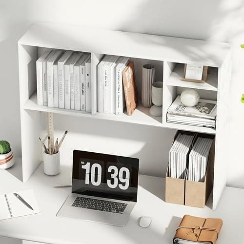 Tangkula Desktop Bookshelf, Countertop Storage Hutch with 4 Shelves for Computer Desk, Desktop 2-Tier Display Rack, Multipurpose Wood Desktop Hutch Storage Organizer for Dorm Office Home (White) thumbnail 2