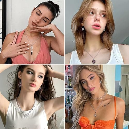 Subiceto 33Pcs Grunge Vintage Punk Necklace Jewelry Set Gothic Earrings Fairy Butterfly Boho Crystal Y2k Cross Pendent Butterfly Heart Choker Goth Stackable Knuckle Rings Adjustable Y2k Accessories for Women Men thumbnail 2