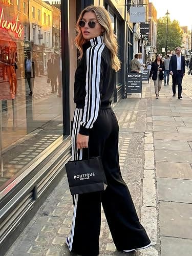 Akmipoem Sweatsuits Women Two Piece Outfit Tracksuit Set Striped Zipper Cropped Jacket Wide Leg Pants Streetwear thumbnail 5