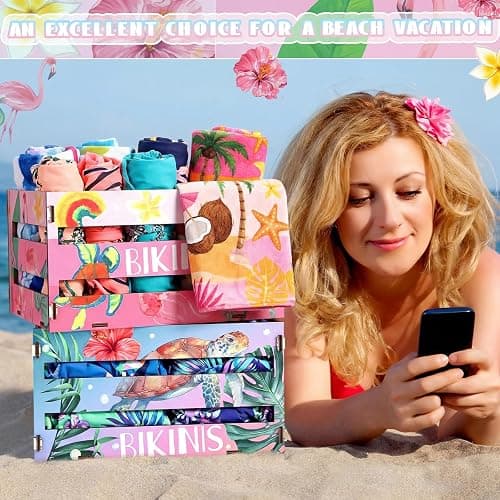 Yinkin 2 Pcs Hawaiian Bikini Wooden Crate, 11.6" x 6.3" x 7.9" Summer Tropical Beach Bikini Storage Box Palm Tree Hibiscus Wood Crates Unassembled Summer Party Supply for Beach Tropical Party Decor thumbnail 2