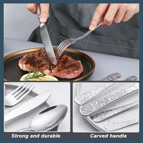 Runfly Vintage Carved Stainless Steel 20 Pieces Flatware Set, Silverware Set, Modern Embossed Cutlery Set Utensils Including Fork Spoon and Knife thumbnail 6