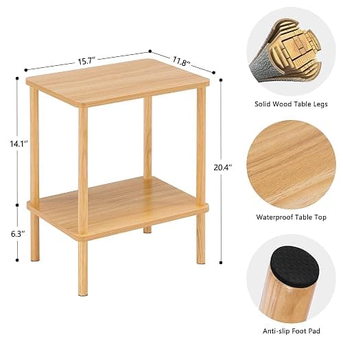 Apicizon 2 Tier End Table Set of 2, Small Side Table with Solid Wood Legs, Boho Bedside Table with Storage Shelf, Nightstand for Small Spaces, Bedroom, Living Room, Entryway, Easy Assembly, Natural thumbnail 3