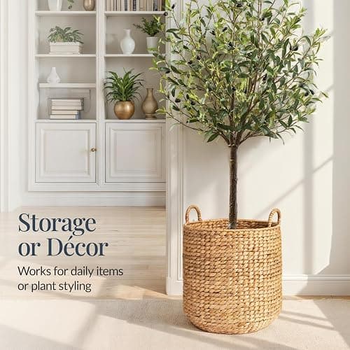 Best Choice Products Round Storage Basket w/Handles, Handwoven Water Hyacinth, Plant Holder, Storage Organizer Tote Bin for Bedroom, Living Room, Bathroom - Natural thumbnail 7
