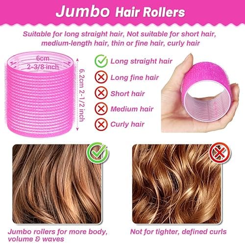 Jumbo Hair Curlers Rollers, 12Pcs 60mm Jumbo Hair Roller Curlers Self Grip Holding Rollers with 12Pcs Hair Clips for Long Straight Thick Hair (Rose Red) thumbnail 2
