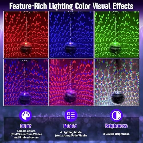 Disco Ball with Motor and 6 Inch Mirror Ball, Rotating 0/3/6/9/12/15 RPM Variable Speed,12 Lighting Colors and 4 Light Modes, 16 FT USB Power Cable and Remote Control, for Party Wedding Christmas thumbnail 3