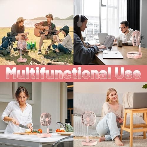 Dhenrio Portable Oscillating Pedestal Fan with Romote, 4 Speed 120° Telescopic Rotation Foldable Standing Collapsible Fans, 7200Mah Rechargeable, Quiet Timer DeskFan for Travel Camping Home, Pink thumbnail 6