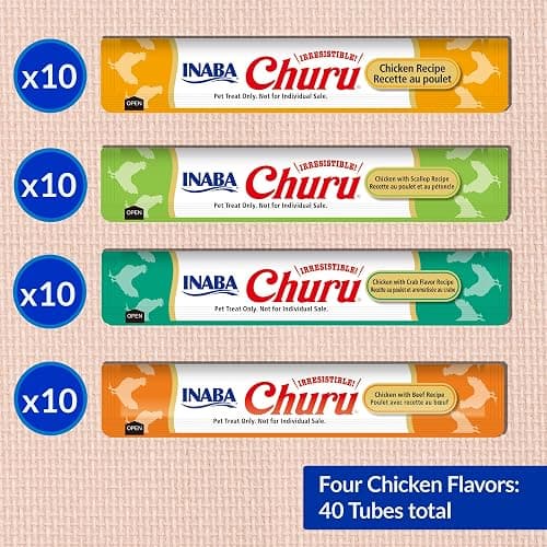 INABA Churu Cat Treats, Grain-Free, Lickable, Squeezable Creamy Purée Cat Treat/Topper with Vitamin E & Taurine, 0.5 Ounces Each Tube, 40 Tubes, Chicken Variety Box thumbnail 6